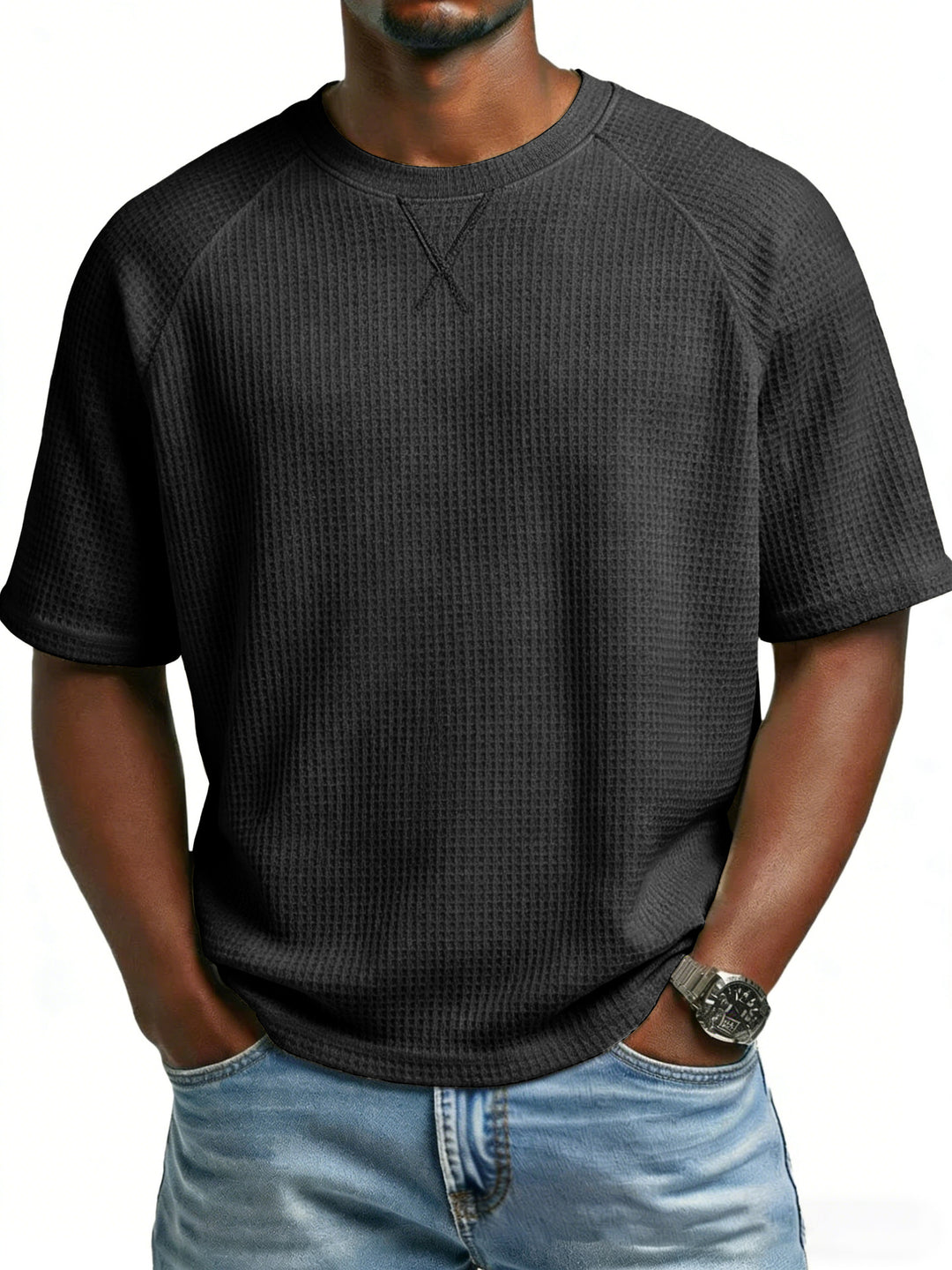 Herren lässiges Waffelstrick-T-Shirt mit Rundhalsausschnitt Drune