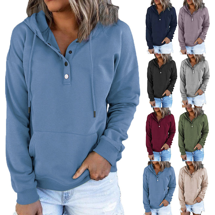 Damen Kapuzenpullover mit Henley-Knopfleiste, Kängurutasche und lockerer Passform Drune