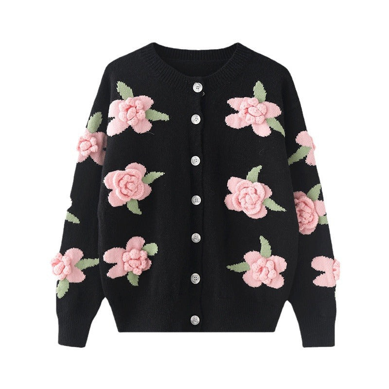 Damen Strickjacke mit kunstvollem Blumenmuster und Knopfverschluss Drune