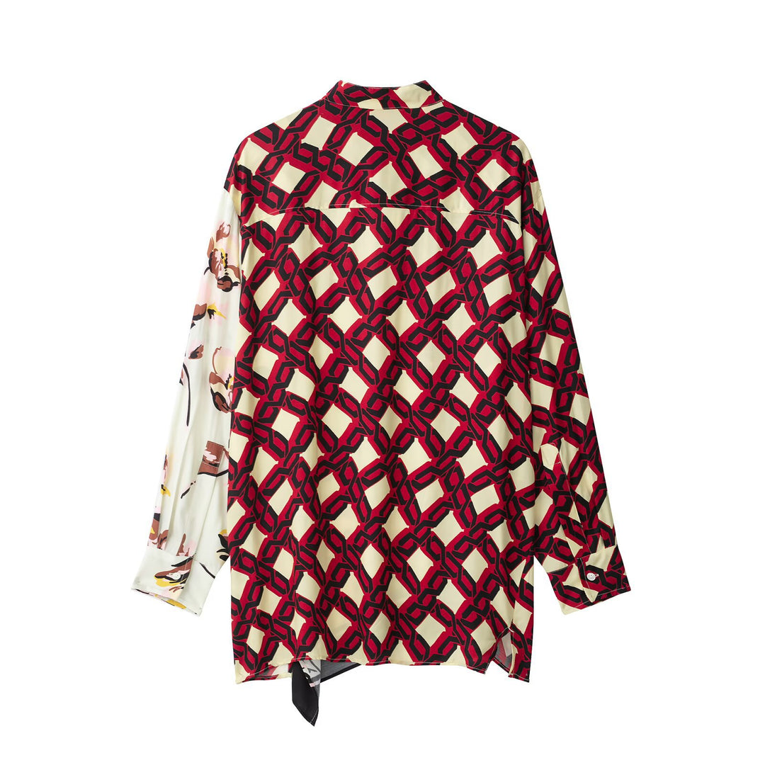 Damen Oversize Seidenoptik Bluse mit asymmetrischem Saum und Patchwork-Print Drune