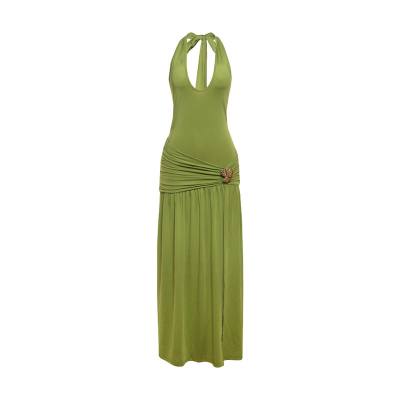 Damen Maxi-Kleid mit eleganten Raffungselementen und aufwendiger Brosche Drune