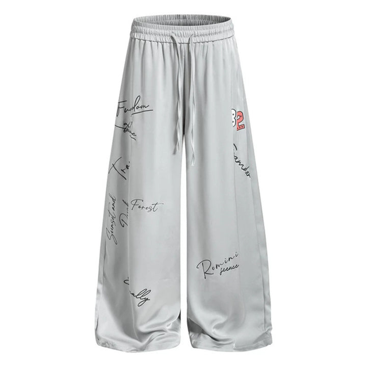 Damen Weite Satin-Palazzo-Loungehose mit Elastikbund, Kordelzug und Script-Print Drune