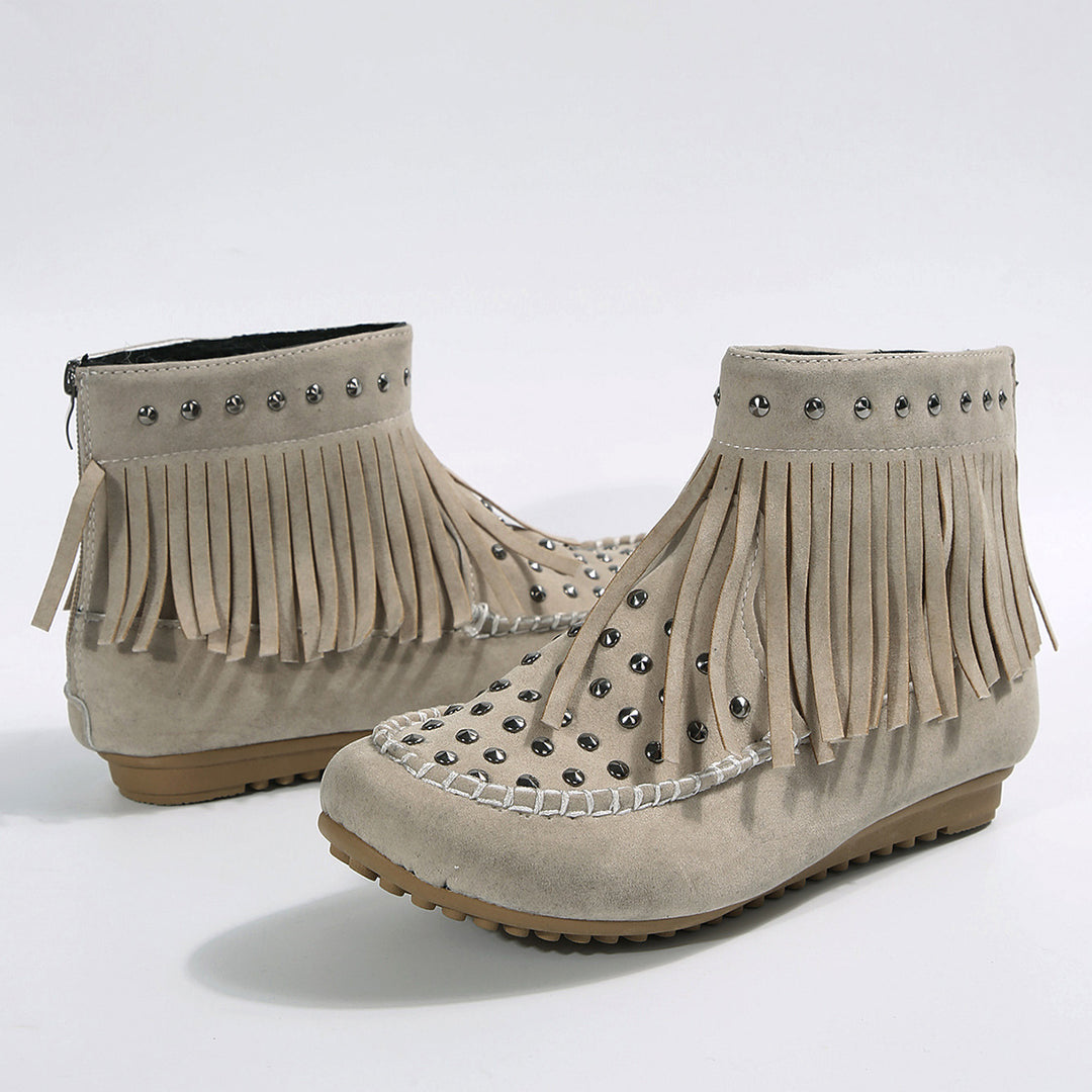 Damen Fransen‑Ankleboots im Mokassinstil mit Nieten und Rückenreißverschluss Drune
