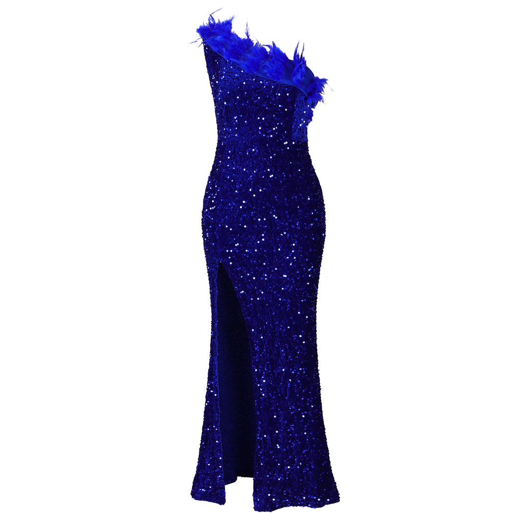 Damen Glitzerndes Abendkleid mit asymmetrischen Trägern und Pailletten Drune
