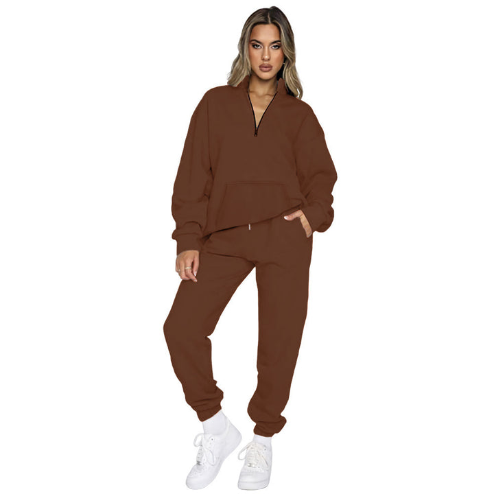 Damen nan French‑Terry Relax‑Loungewear‑Set mit halbem Reißverschluss, Kängurutasche und taillierter, schmal zulaufender Jogginghose Drune