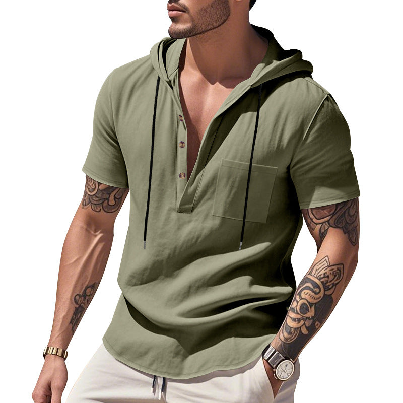 Herren nan legere Kurzarm-Kapuzen-Henley aus Single-Jersey mit Brusttasche und Kontrastkordel Drune