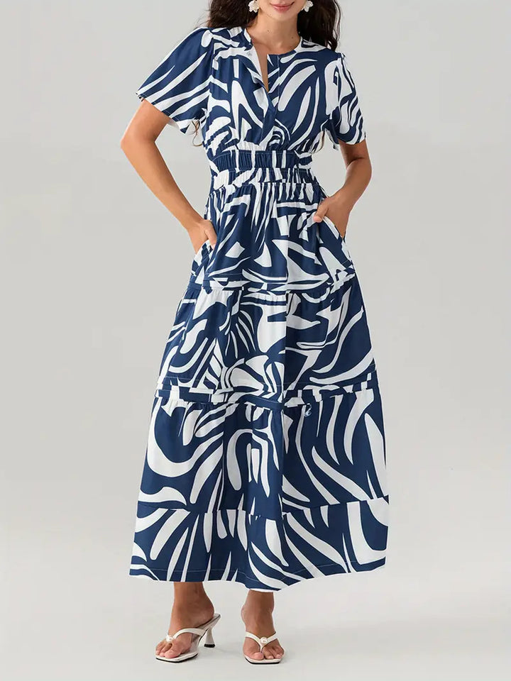 Damen Langes Wickelkleid mit elastischem Taillenzug und stilvollem Muster Drune