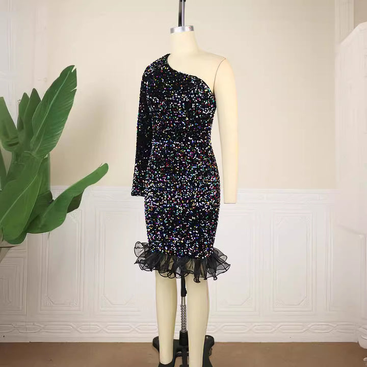 Damen Glitzerndes Abendkleid mit asymmetrischem Schnitt und Rüschenabschluss Drune