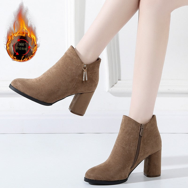 Damen Wärmende Samtvelours-Stiefeletten mit hohem Blockabsatz und seitlichem Reißverschluss Drune