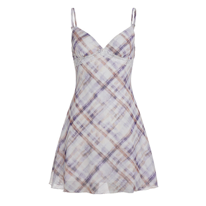 Damen ärmelloses Sommerkleid mit Spitze und kariertem Design Drune