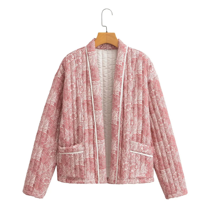Damen Leichte gesteppte Jacke im Kimono-Stil mit floralem Blockdruck und Kontrastpaspel Drune