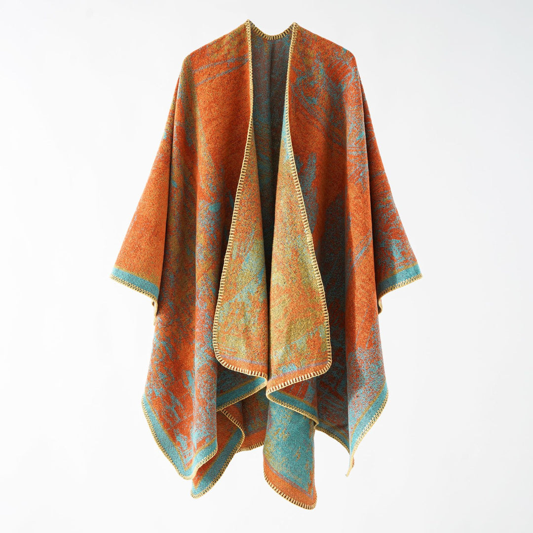 Damen Oversize-Ruana im kastigen Cape mit jacquardgewebter Struktur und weicher Wollmix Drune