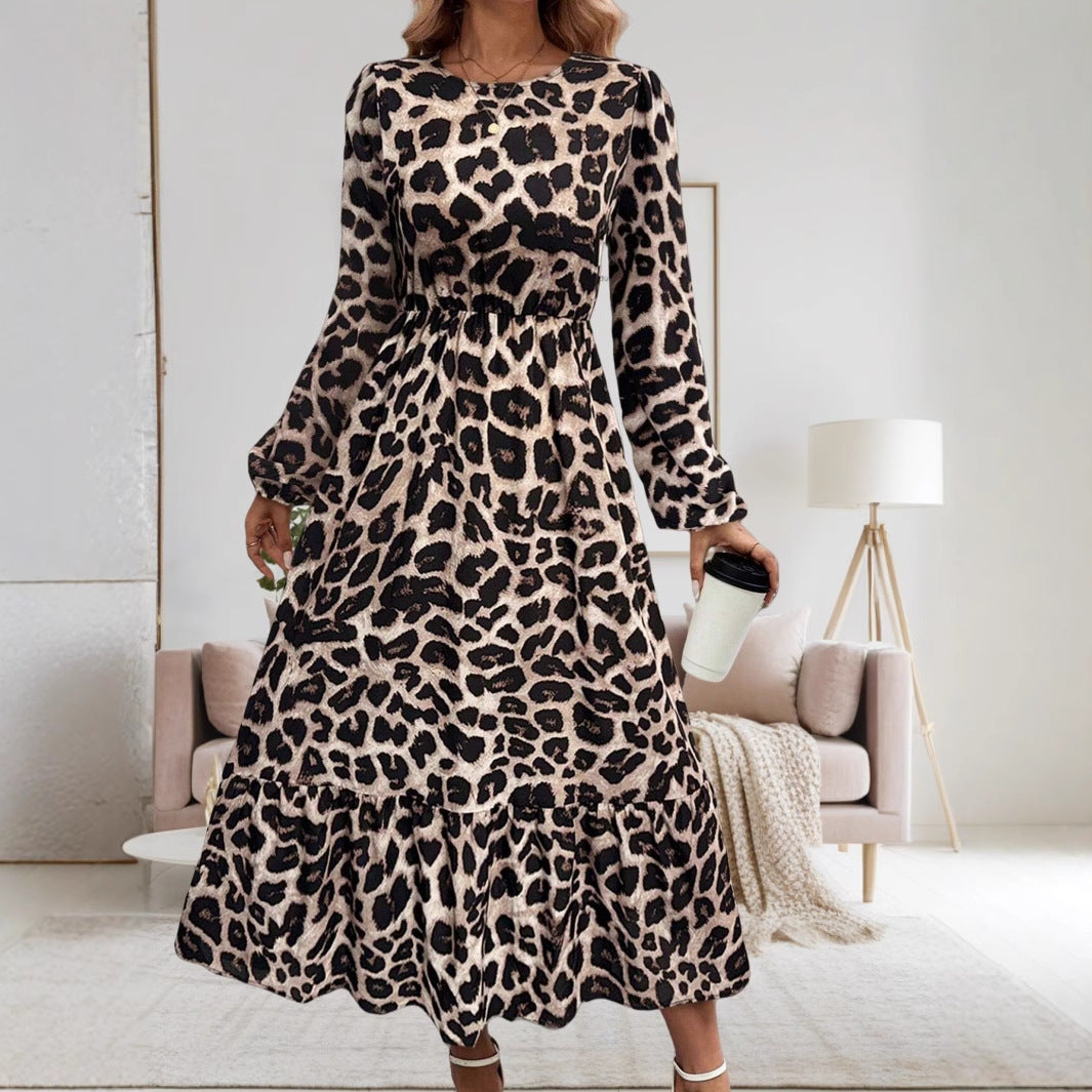 Damen Elegantes Langarm-Maxikleid mit modernem Tierprint und asymmetrischem Saum Drune