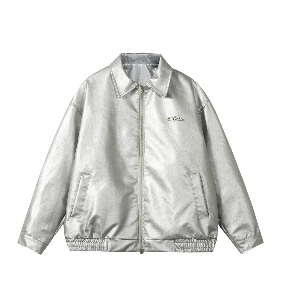 Damen Oversize Glattleder‑Optik Blousonjacke mit elastischem Saum und Metall‑Logo Drune