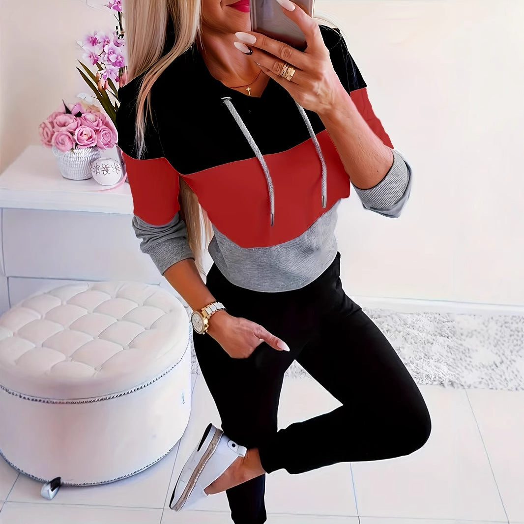 Damen modischer Freizeitpullover mit Kapuze und Farbblockdesign Drune