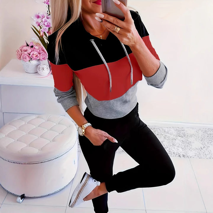Damen modischer Freizeitpullover mit Kapuze und Farbblockdesign Drune