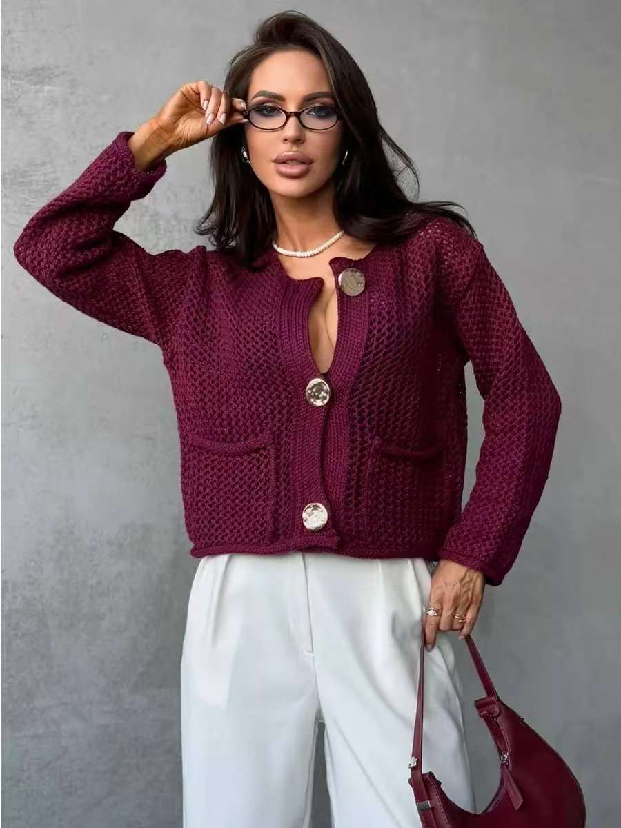 Damen Netzstrickjacke mit praktischen Taschen und dekorativen Knöpfen Drune
