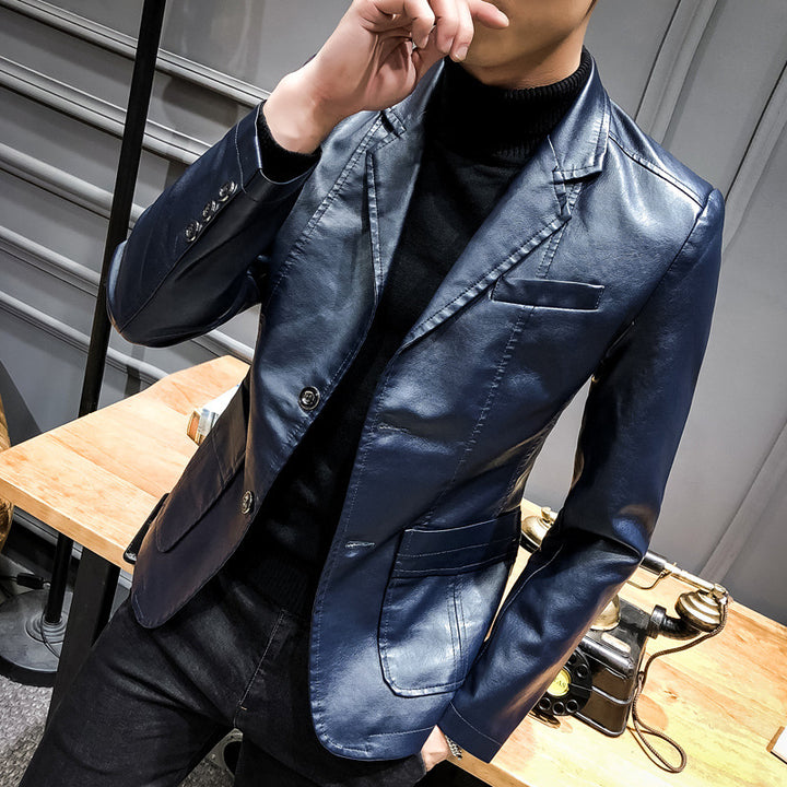 Herren Lässiges Slim-Fit Kunstleder-Sakko mit Reverskragen und aufgesetzten Taschen Drune