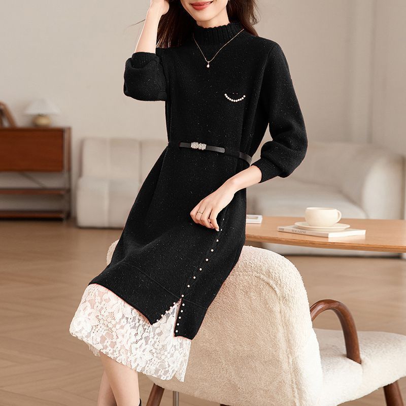 Damen Strickkleid mit modischen Perlendetails und elegantem Gürtel Drune
