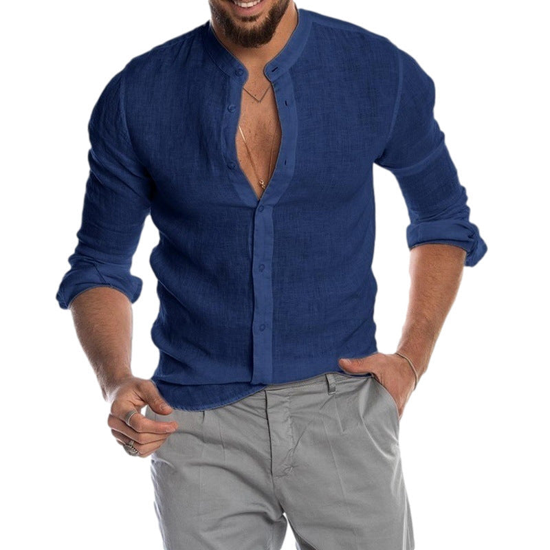 Herren Leinenhemd mit modernem Henley-Ausschnitt und Struktur Drune