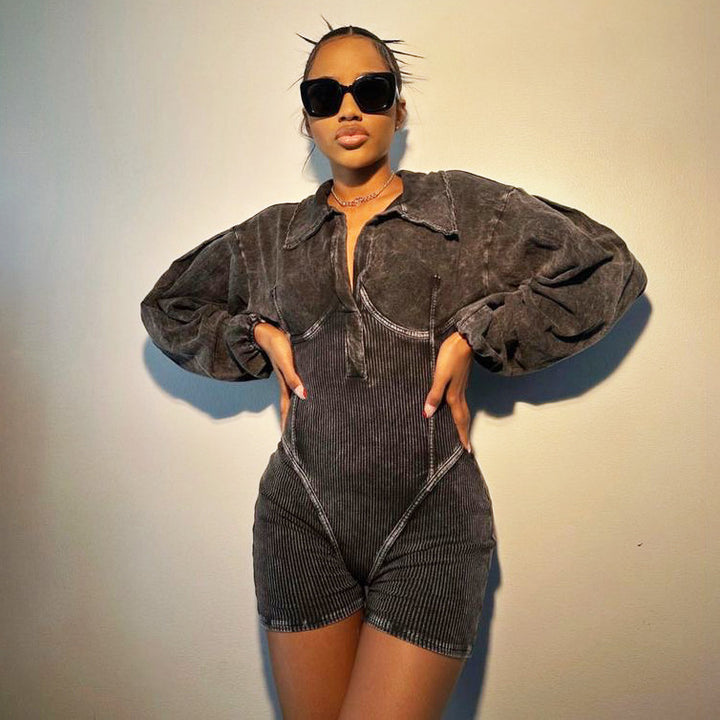Damen Modischer Jumpsuit mit Puffärmeln und Rippstruktur Drune