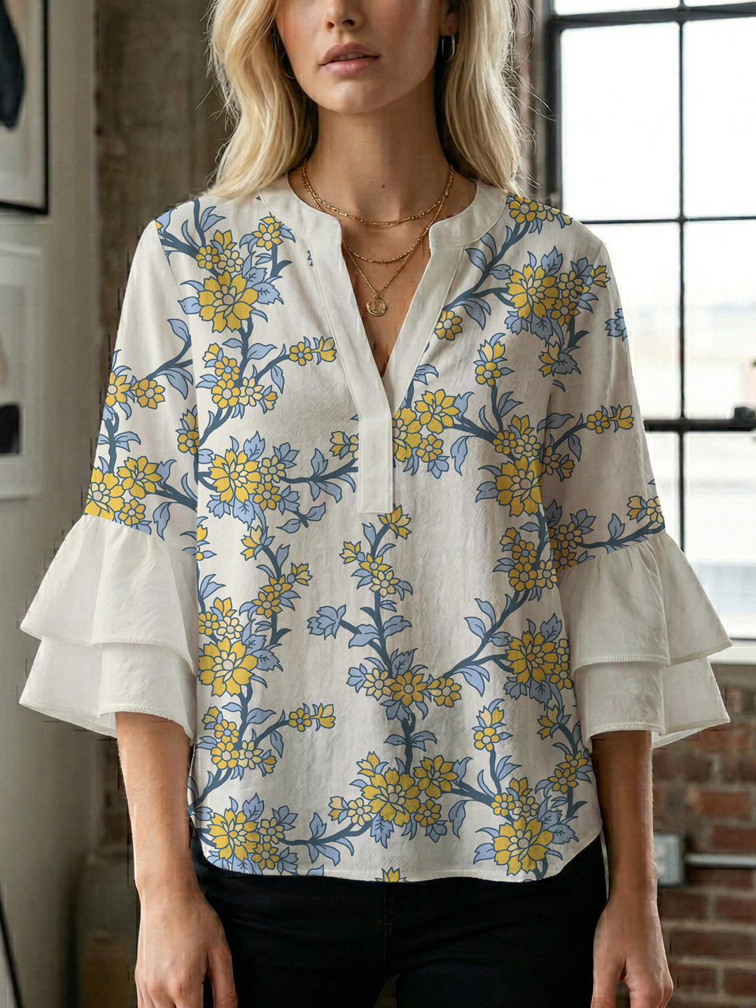 Damen Bluse mit voluminösen Ärmeln und floralem Design Drune