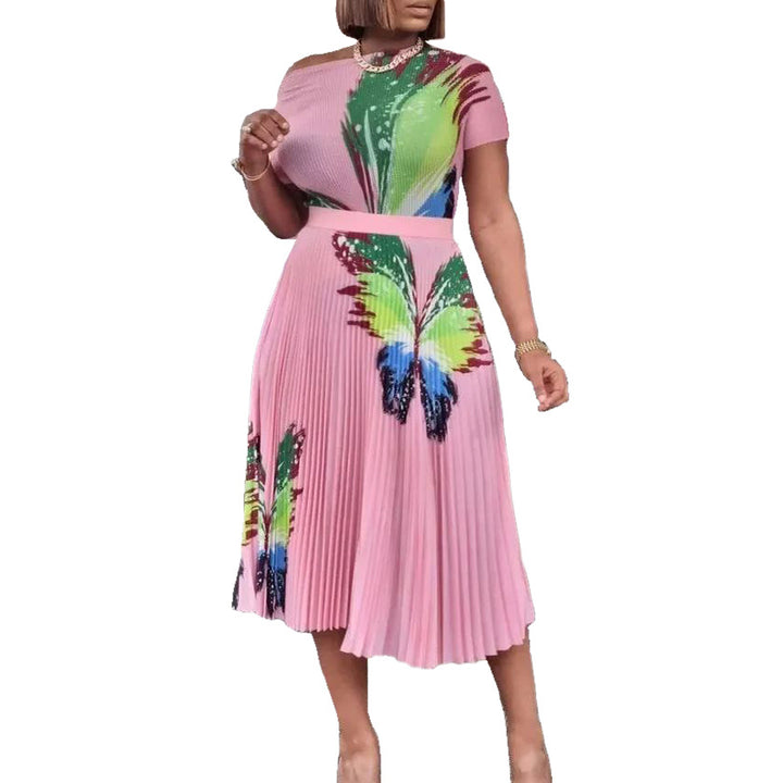 Damen Maxikleid mit buntem Schmetterlingsdesign und eleganter Plisseefalte Drune