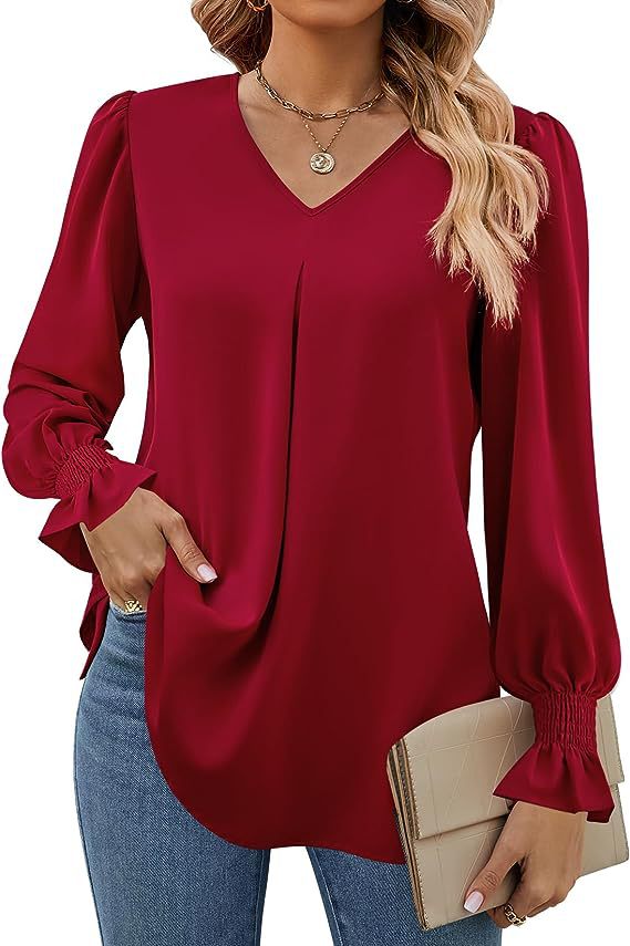 Damen elegante Bluse mit V-Ausschnitt und voluminösen Ärmeln Drune