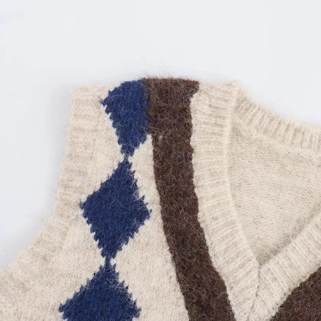 Damen Argyle-Strickweste mit V-Ausschnitt und flauschiger Mohair-Optik Drune