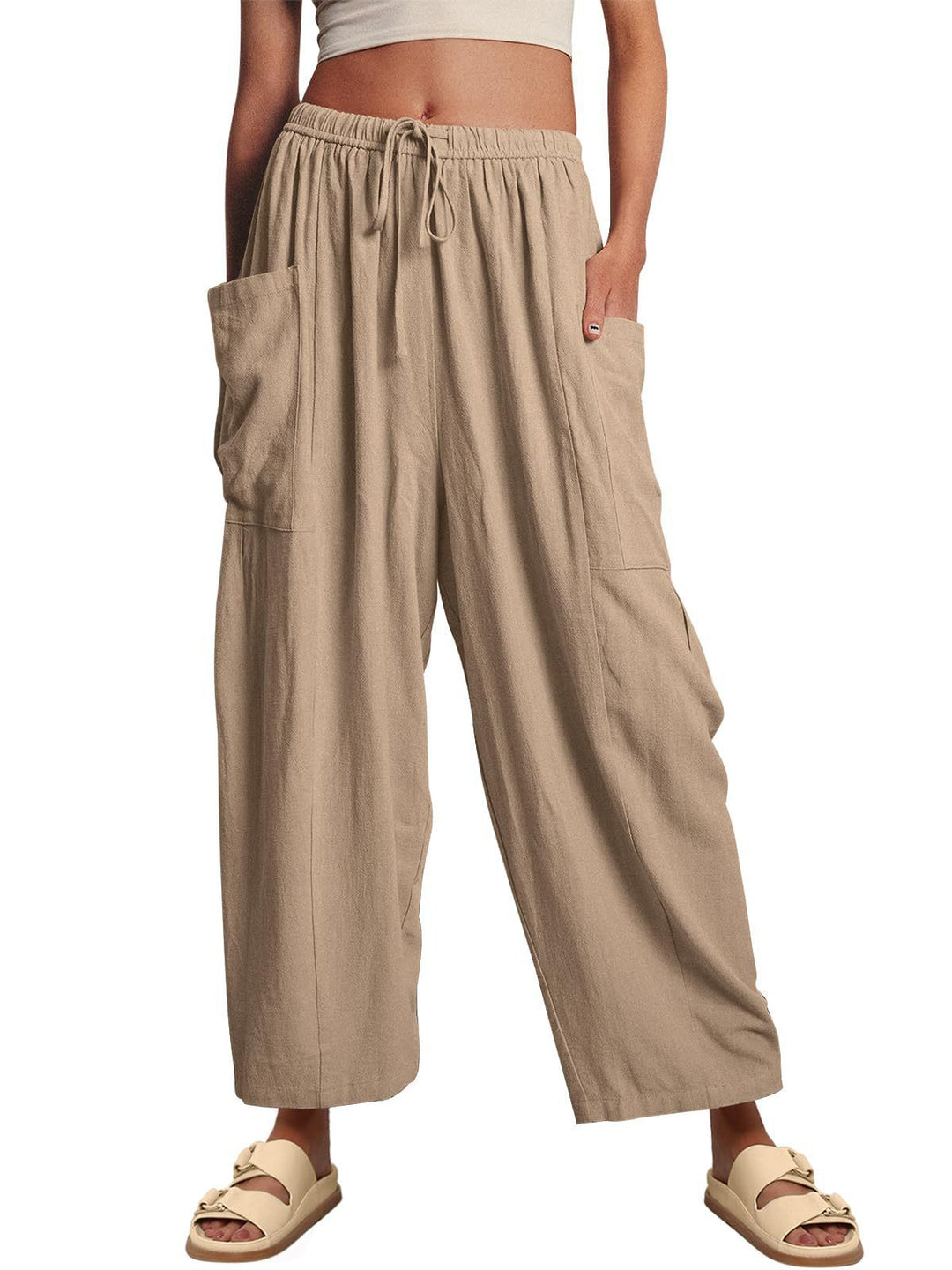 Damen Hochbundweite Weitbein Leinenmix Cargo Cropped Hose Drune