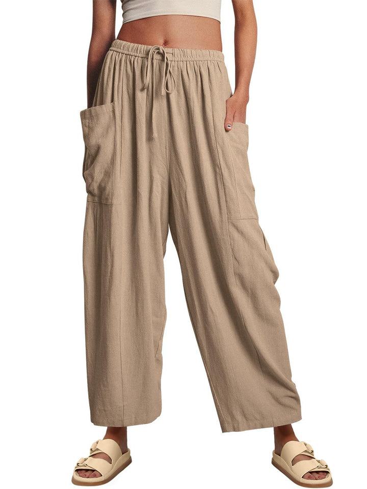 Damen Hochbundweite Weitbein Leinenmix Cargo Cropped Hose Drune