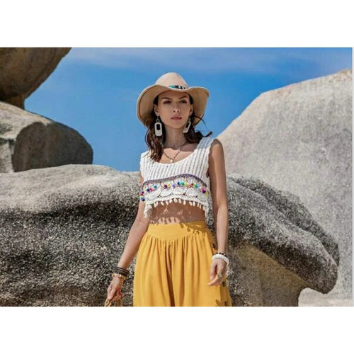 Damen Cropped Top mit buntem Häkelmuster und verspielten Quasten Drune