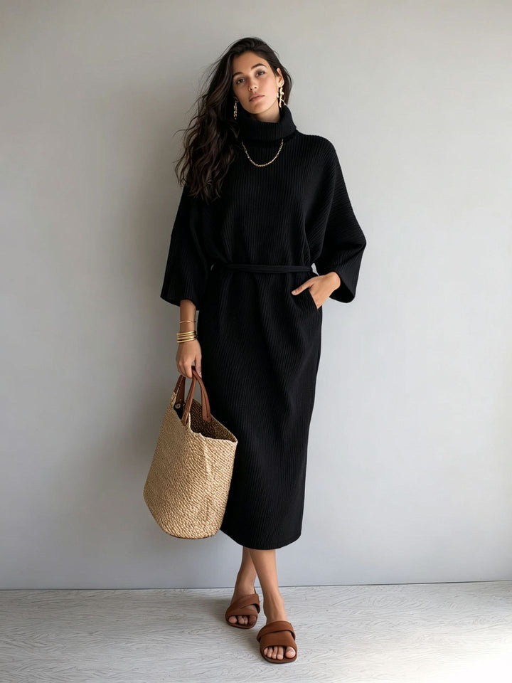 Damen Midilanges Rippenstrickkleid mit Rollkragen, Dreiviertelärmeln und Bindegürtel Drune