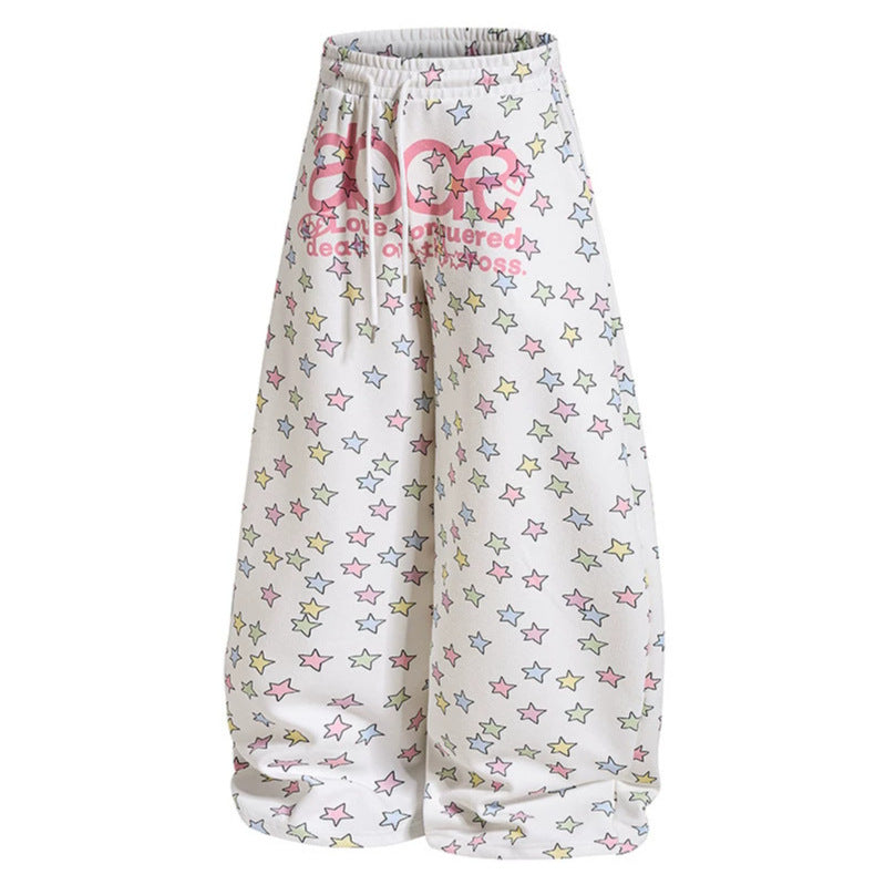 Damen Weite Lounge-Palazzohose mit hohem Elastikbund, Kordelzug und Sternchen-Allover Drune