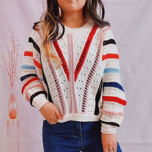 Damen lässiger Strickpullover mit modernem Farbverlauf und einzigartiger Lochstruktur Drune