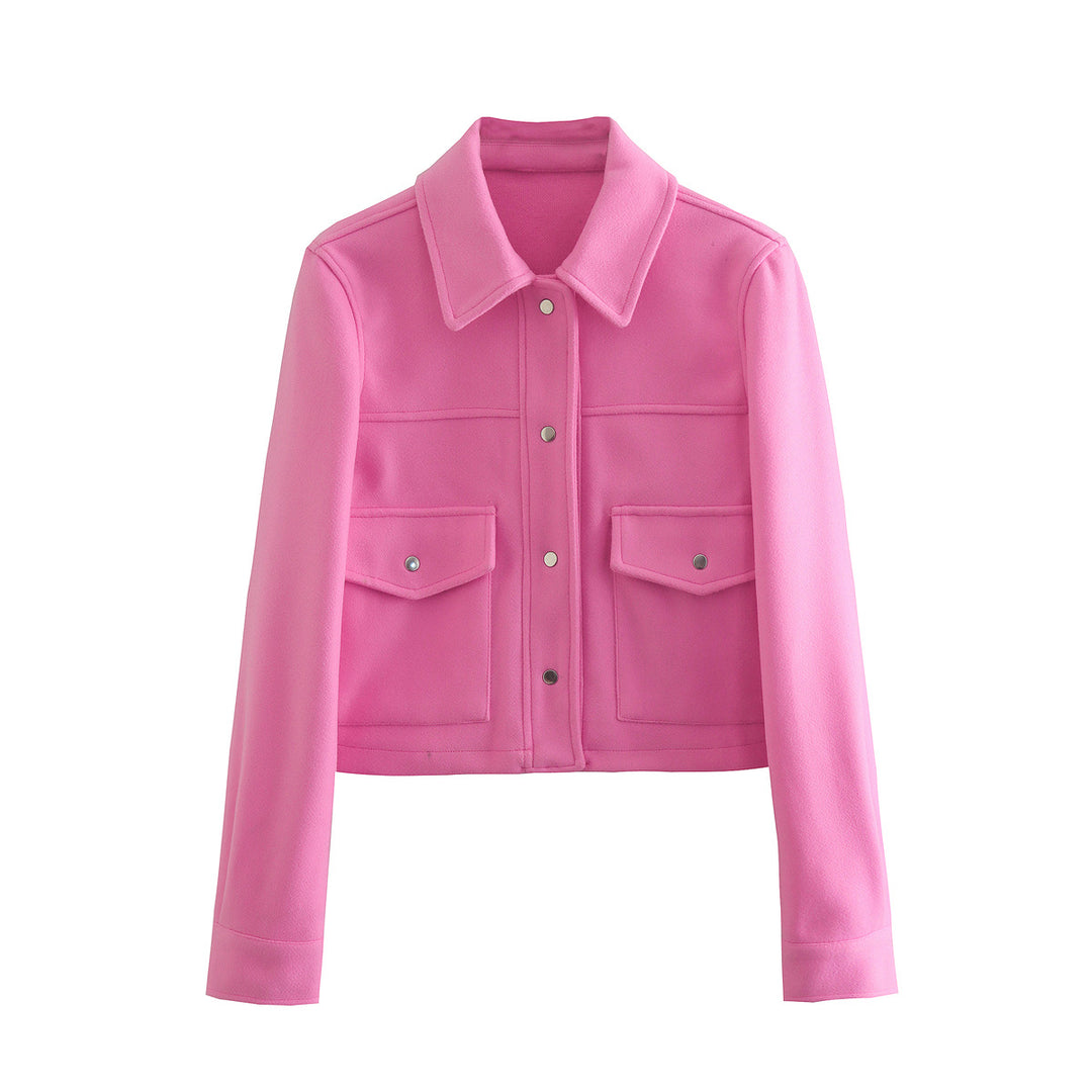 Damen Kurz geschnittene Wolloptik-Jacke mit Pattentaschen und Druckknöpfen Drune