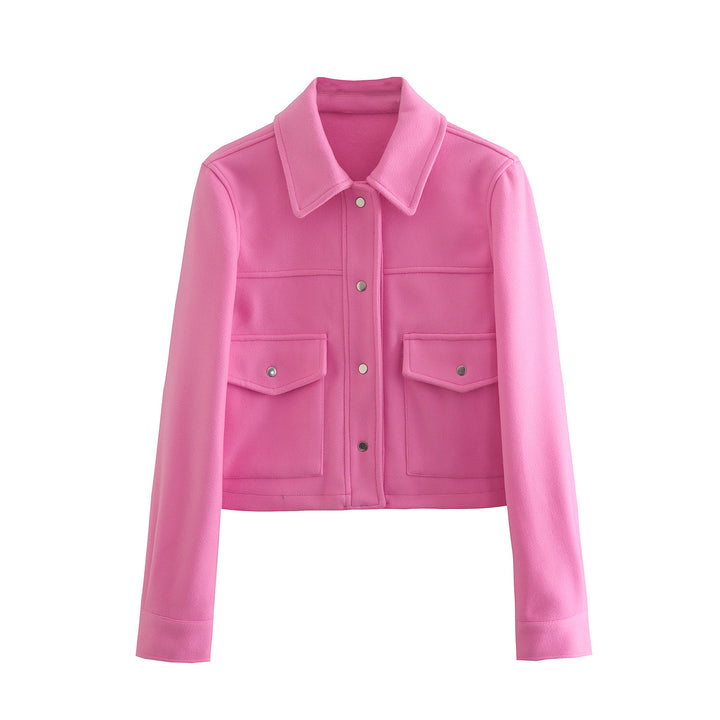 Damen Kurz geschnittene Wolloptik-Jacke mit Pattentaschen und Druckknöpfen Drune