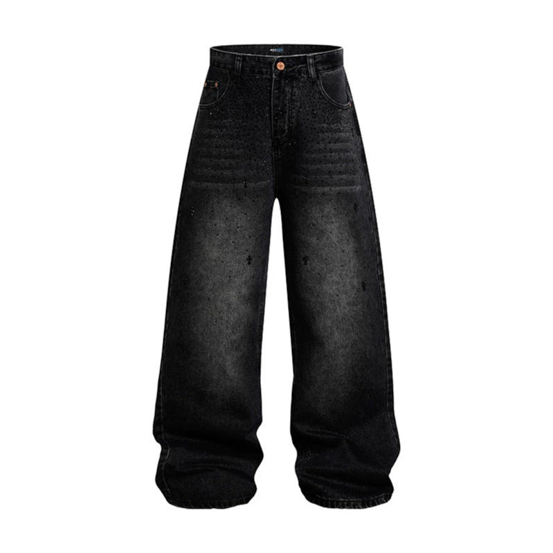 Damen Weite hochgeschnittene Baggy-Jeans mit Used-Wash und Steppdetail Drune