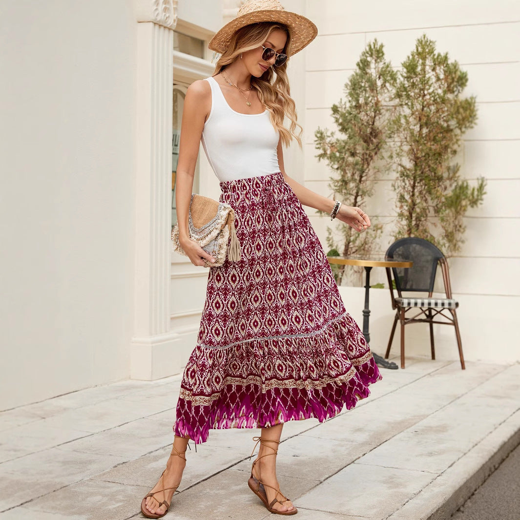 Damen Boho Maxirock mit voluminösem Saum und elastischem Bund Drune