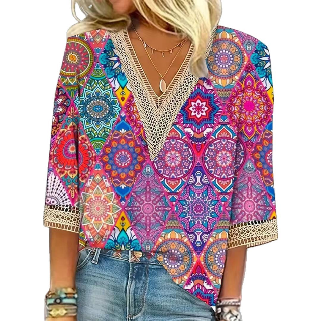 Damen nan locker fallende Mandala-Patchwork-Tunika mit tiefem V-Ausschnitt und Häkelspitzenbesatz Drune