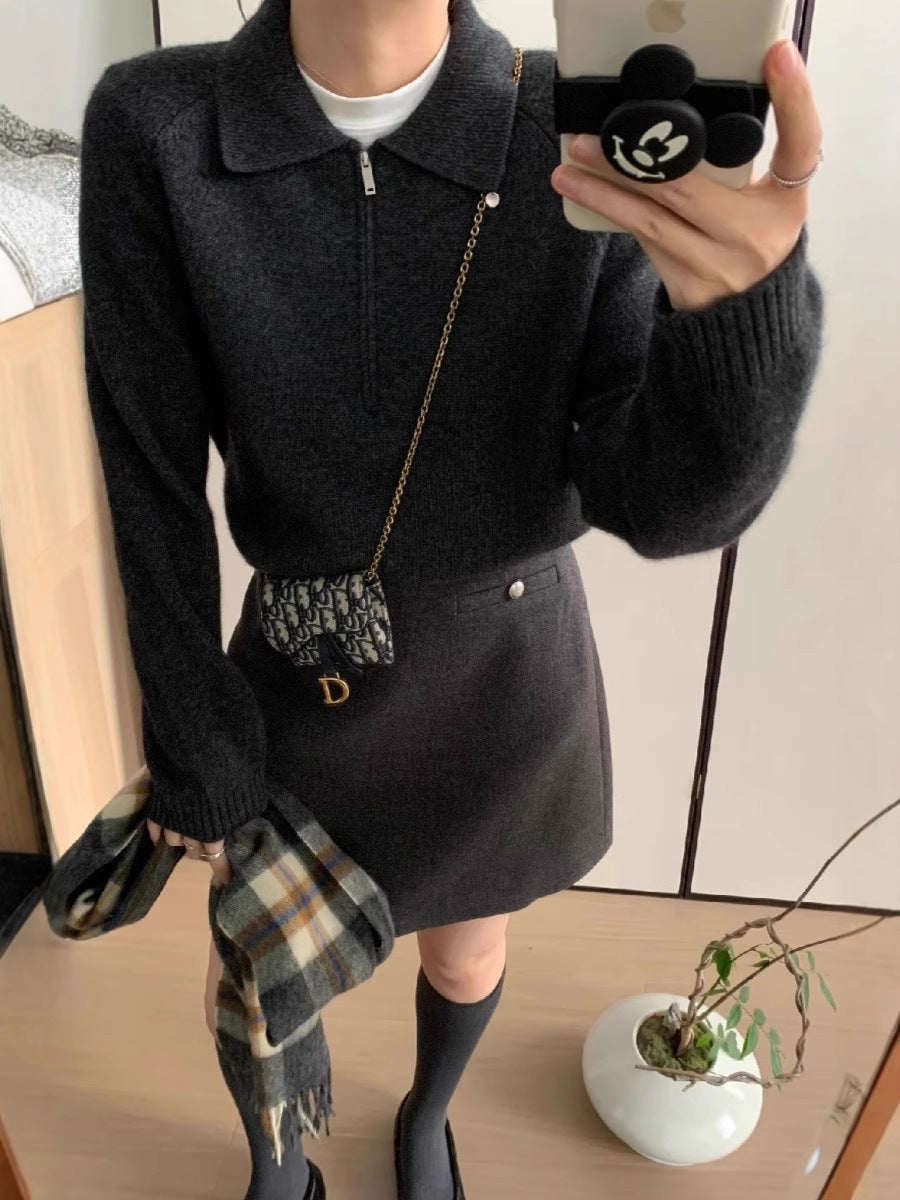 Damen Kurzzip-Polo-Pullover aus flauschigem Wollmix mit kastiger Silhouette Drune