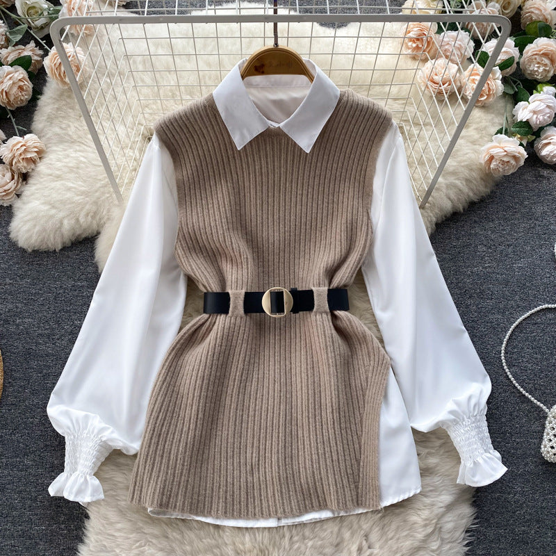 Damen Lagenlook-Bluse mit Rippstrick-Überwurf und Taillengürtel Drune