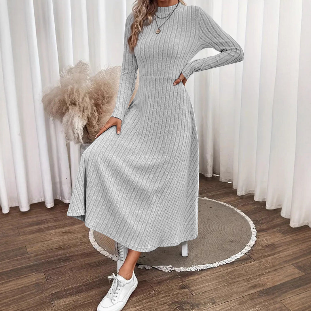 Damen Geripptes Strickmidikleid mit hohem Stehkragen und taillierter A-Linie Drune