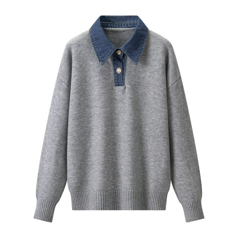 Damen Strickpullover mit Denimkragen und zweiknopf-Poloblende Drune