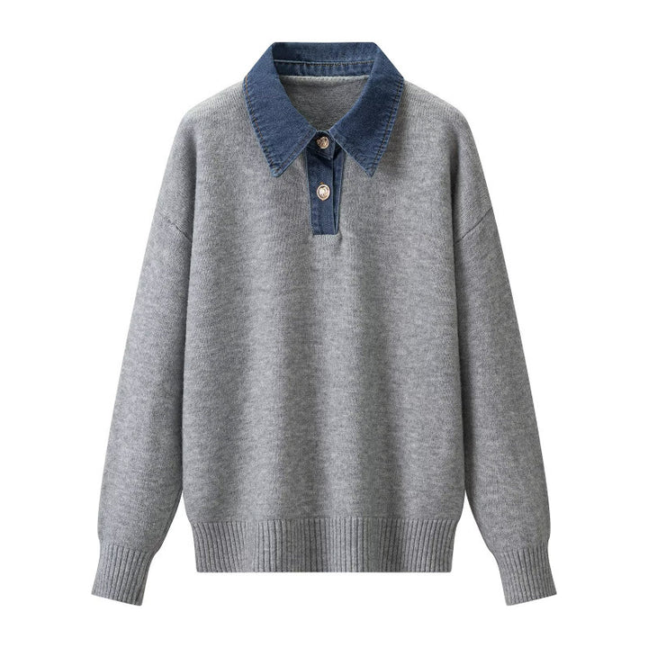 Damen Strickpullover mit Denimkragen und zweiknopf-Poloblende Drune