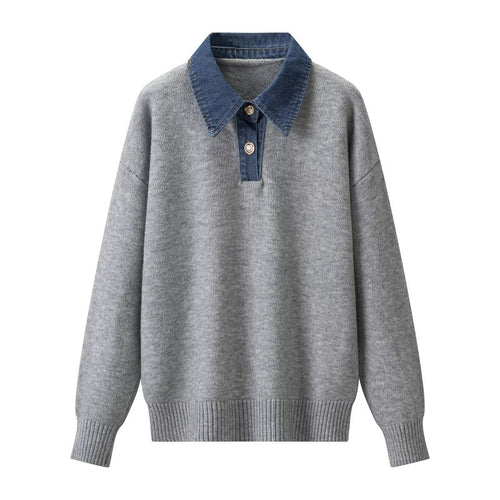 Damen Strickpullover mit Denimkragen und zweiknopf-Poloblende Drune