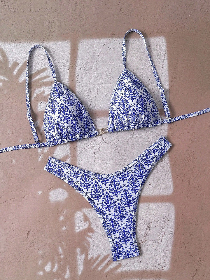 Damen verstellbarer Triangel-Bikini mit floraler Einfassung Drune