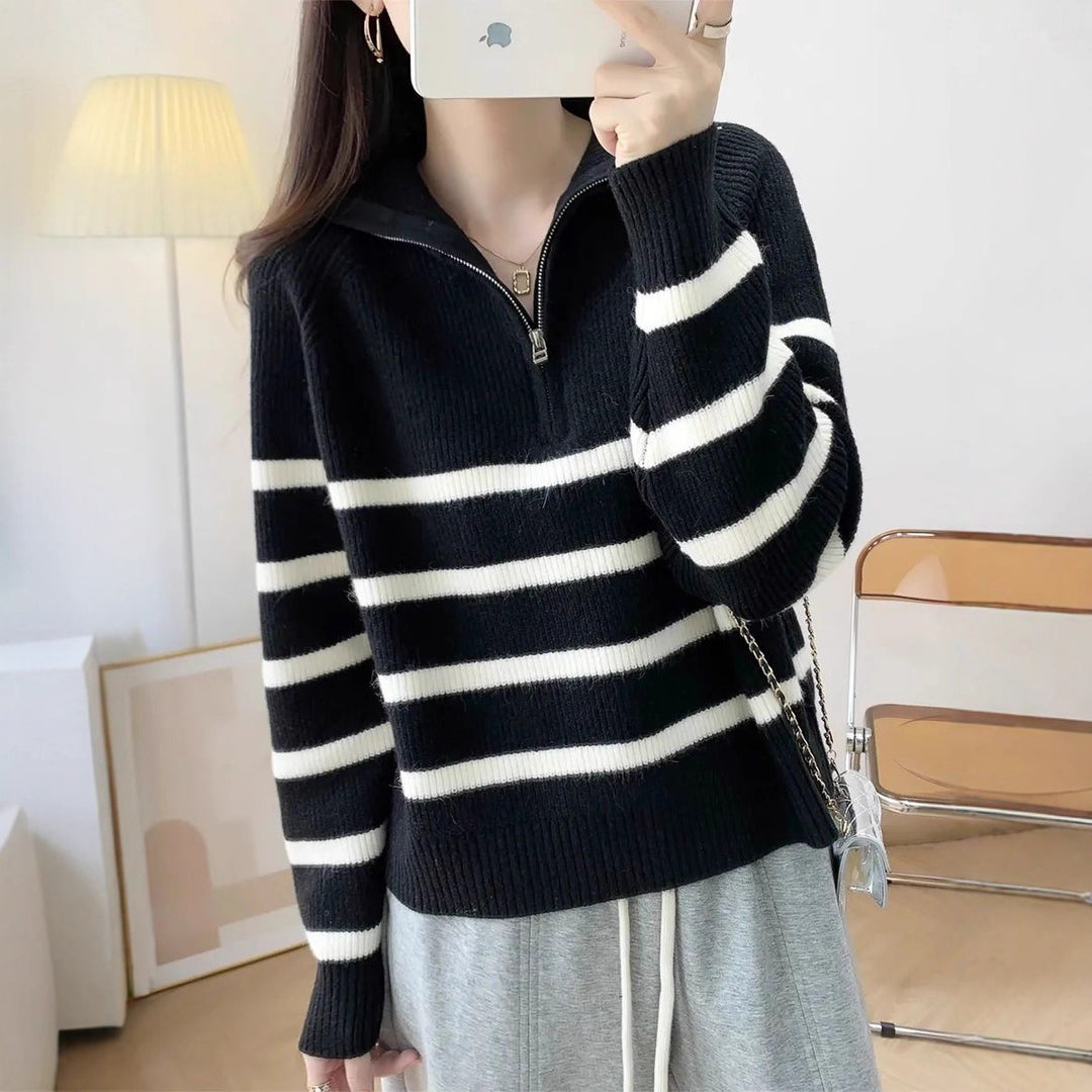 Damen gemütlicher Strickpullover mit Halbzipper Drune