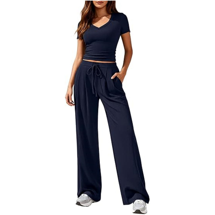 Damen Lässiges Lounge-Set mit tailliertem V-Ausschnitt bauchfreiem Top und weitem Kordelbund-Hose Drune