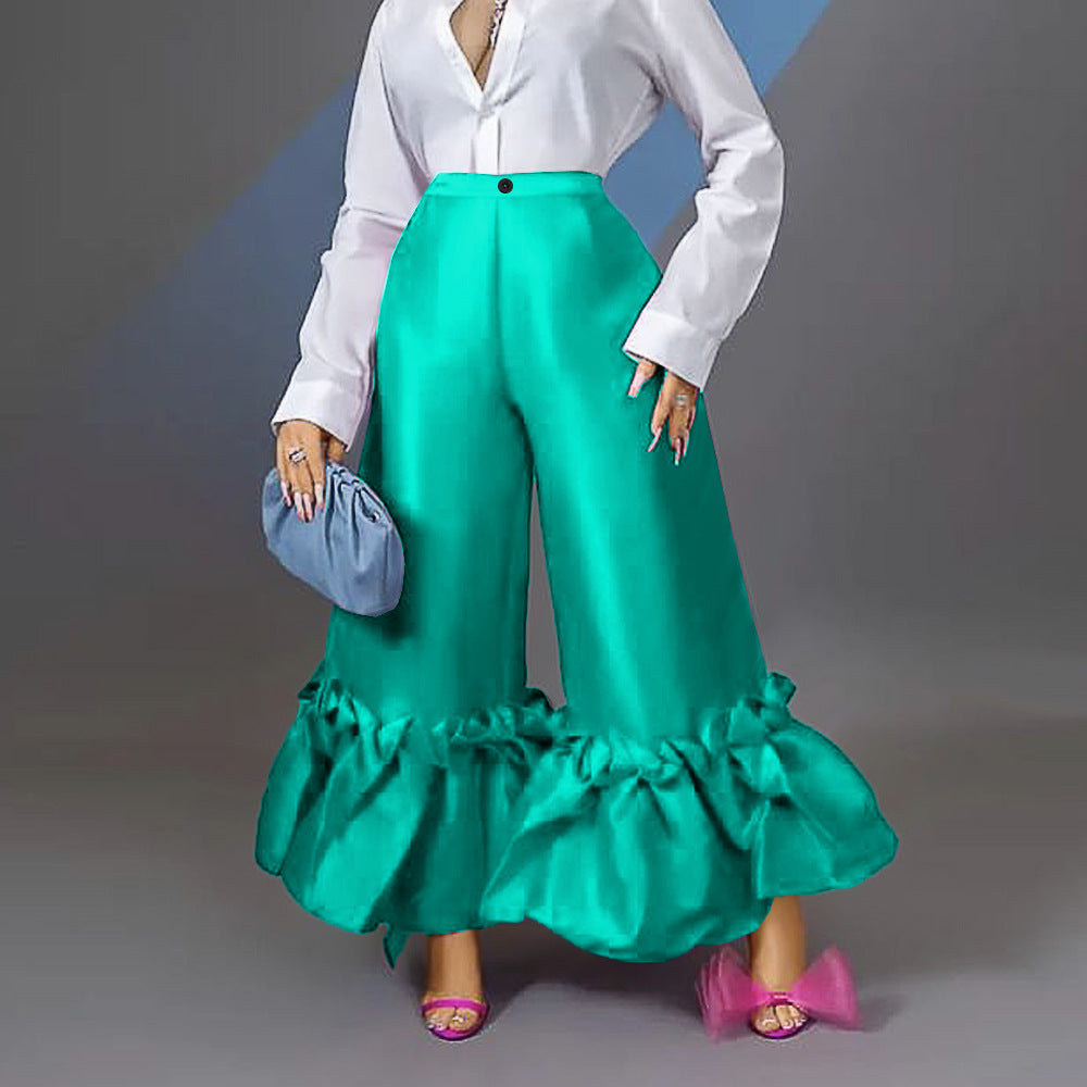 Damen Weite Satinhose mit Rüschenabschluss Drune